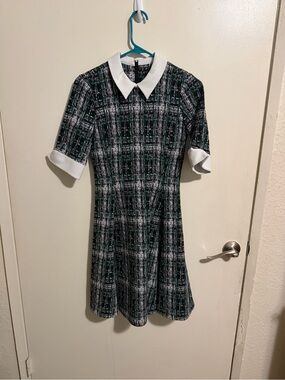 DKNY Black and White Tweed Fit-and-Flare Dress with White Collar